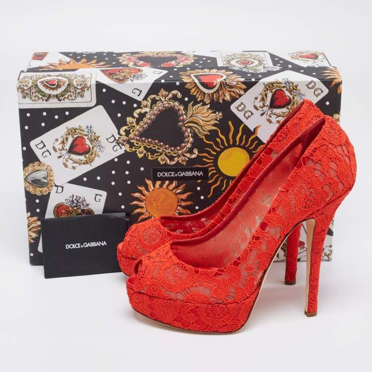 Pre Owned Dolce & Gabbana Red Lace Peep Toe Platform Pumps Size 41