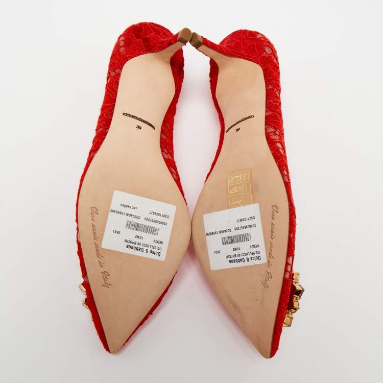 Pre Owned Dolce & Gabbana Red Lace Bellucci Pointed-Toe Pumps Size 39