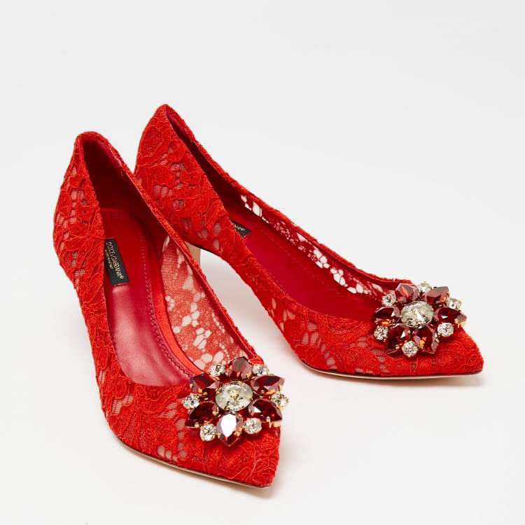 Pre Owned Dolce & Gabbana Red Lace Bellucci Pointed-Toe Pumps Size 39