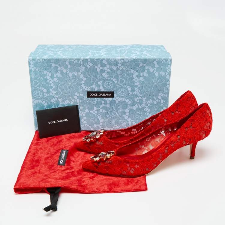 Pre Owned Dolce & Gabbana Red Lace Bellucci Pointed-Toe Pumps Size 39