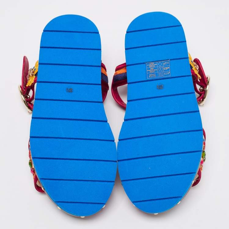 Pre Owned Dolce & Gabbana Multicolor Embroidered Satin And Mesh Embellished Flat Sandals Size 37.5