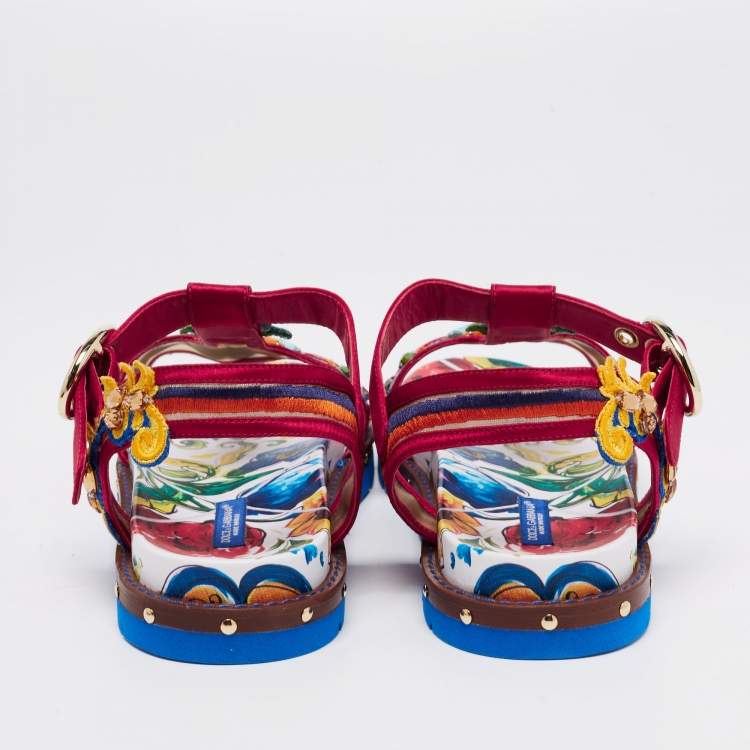 Pre Owned Dolce & Gabbana Multicolor Embroidered Satin And Mesh Embellished Flat Sandals Size 37.5
