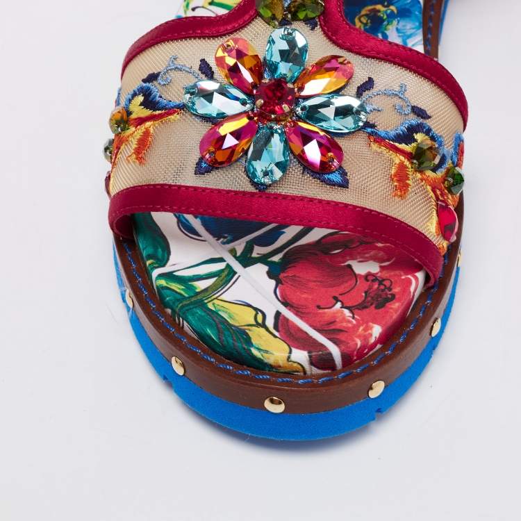Pre Owned Dolce & Gabbana Multicolor Embroidered Satin And Mesh Embellished Flat Sandals Size 37.5