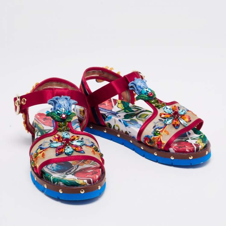 Pre Owned Dolce & Gabbana Multicolor Embroidered Satin And Mesh Embellished Flat Sandals Size 37.5