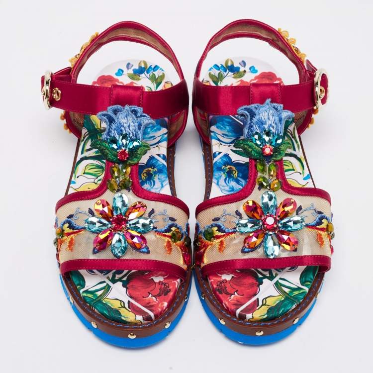 Pre Owned Dolce & Gabbana Multicolor Embroidered Satin And Mesh Embellished Flat Sandals Size 37.5