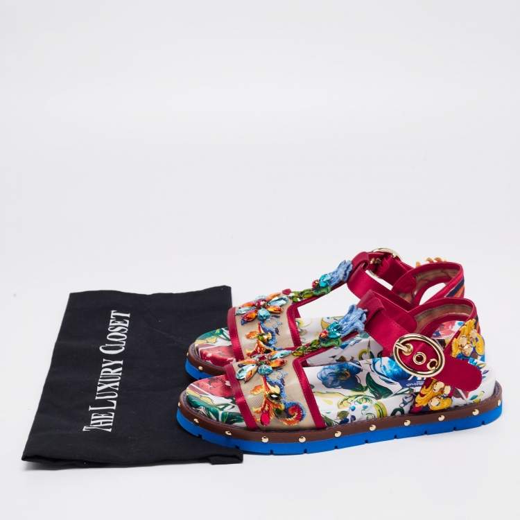 Pre Owned Dolce & Gabbana Multicolor Embroidered Satin And Mesh Embellished Flat Sandals Size 37.5