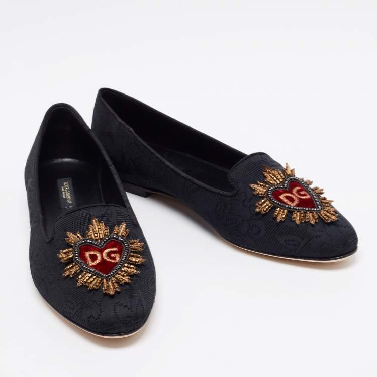 Pre Owned Dolce & Gabbana Black Embroidered Canvas Smoking Slippers Size 36.5