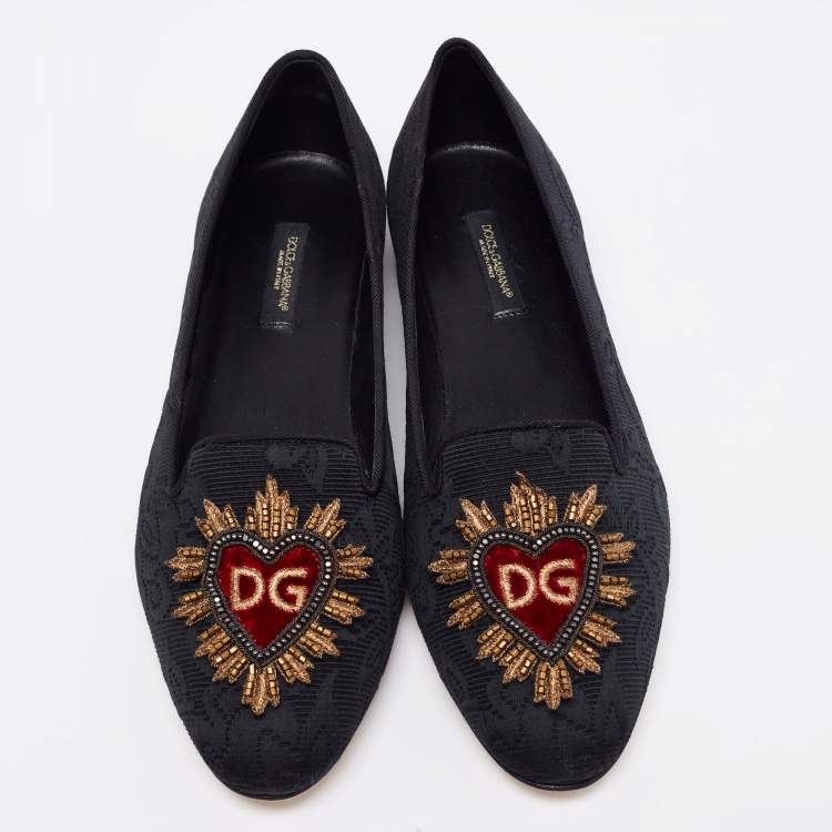 Pre Owned Dolce & Gabbana Black Embroidered Canvas Smoking Slippers Size 36.5