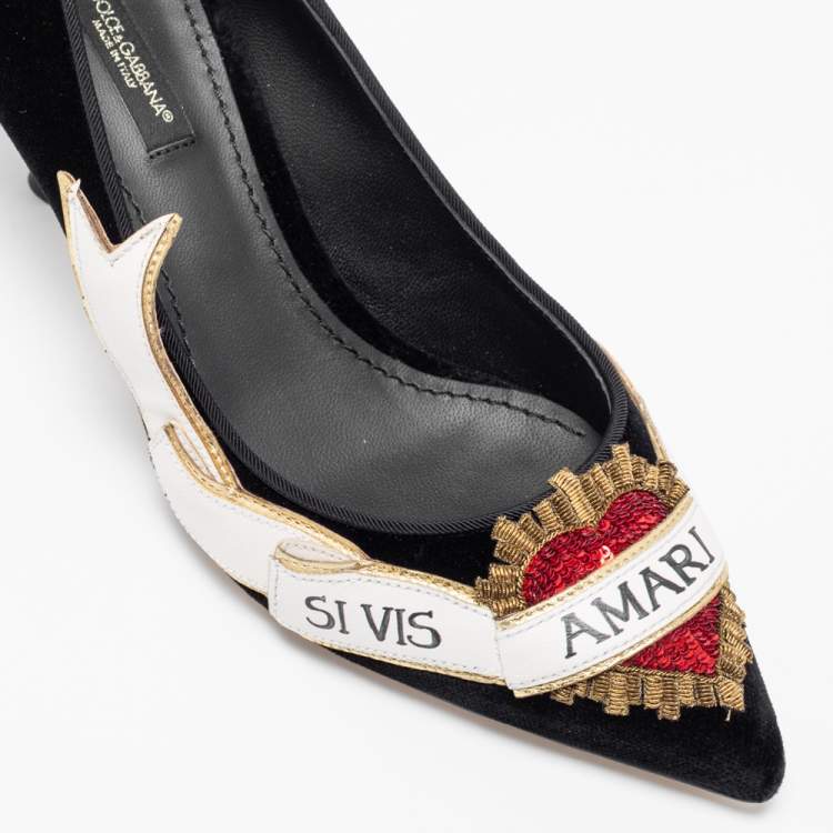Pre Owned Dolce & Gabbana Black Velvet Sacred Heart Armanti Embroidered Lori Pumps Size 38