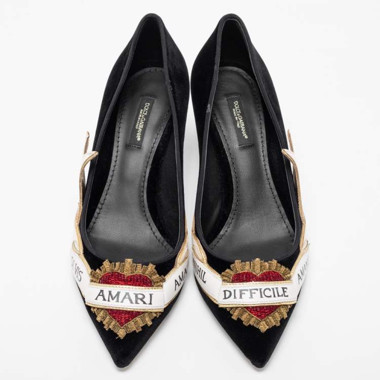 Pre Owned Dolce & Gabbana Black Velvet Sacred Heart Armanti Embroidered Lori Pumps Size 38