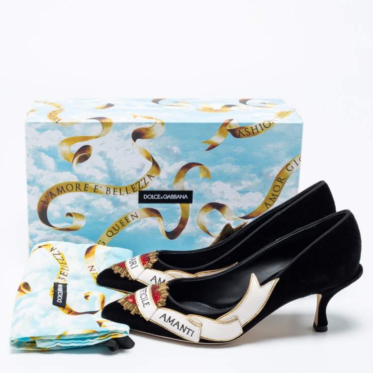 Pre Owned Dolce & Gabbana Black Velvet Sacred Heart Armanti Embroidered Lori Pumps Size 38