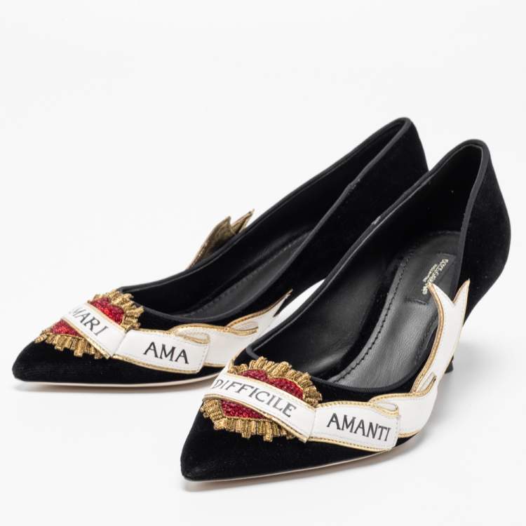 Pre Owned Dolce & Gabbana Black Velvet Sacred Heart Armanti Embroidered Lori Pumps Size 38