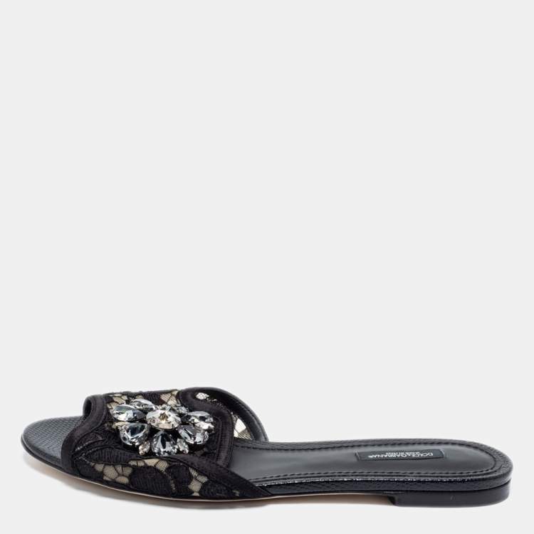 Pre Owned Dolce & Gabbana Black Lace Sofia Crystal Embellished Flats Size 39