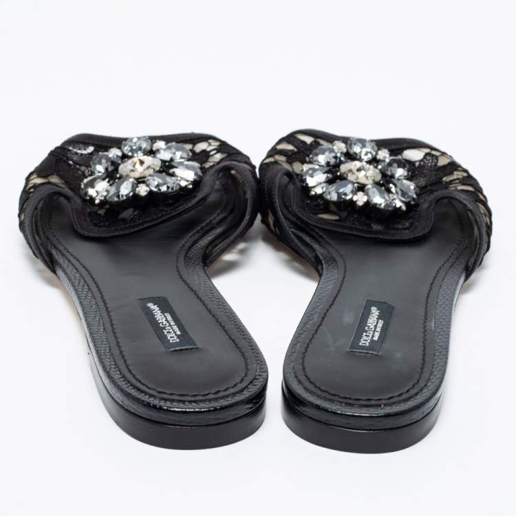 Pre Owned Dolce & Gabbana Black Lace Sofia Crystal Embellished Flats Size 39