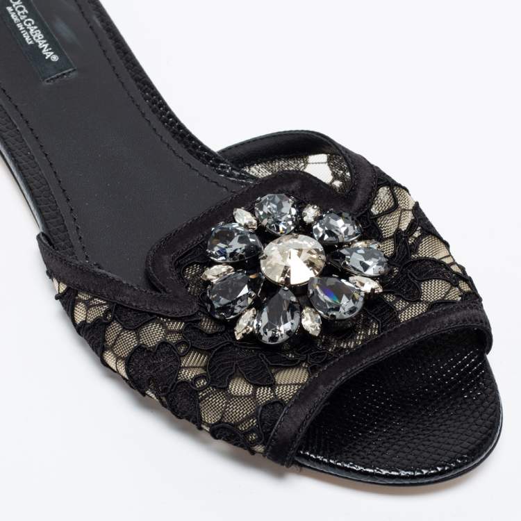 Pre Owned Dolce & Gabbana Black Lace Sofia Crystal Embellished Flats Size 39