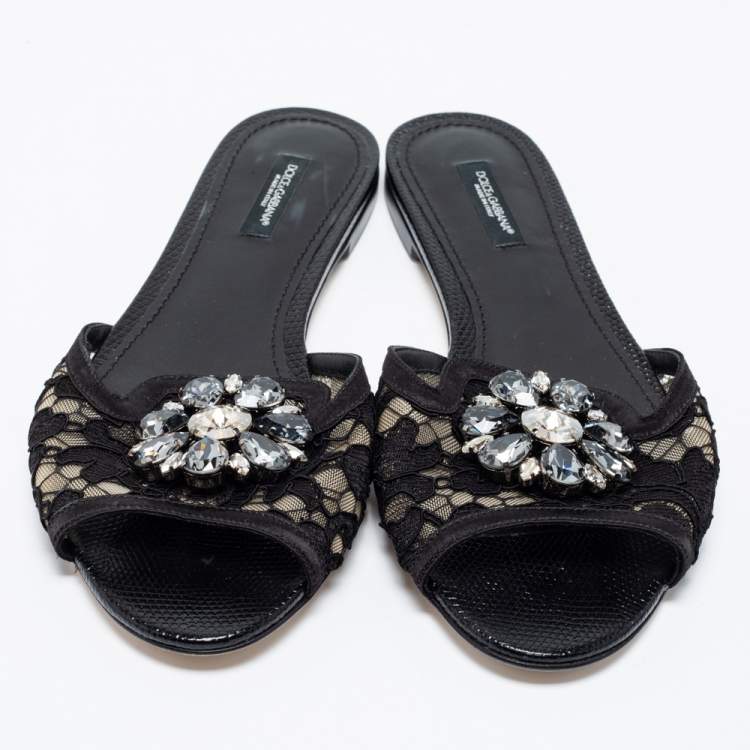 Pre Owned Dolce & Gabbana Black Lace Sofia Crystal Embellished Flats Size 39