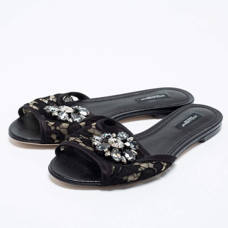 Pre Owned Dolce & Gabbana Black Lace Sofia Crystal Embellished Flats Size 39