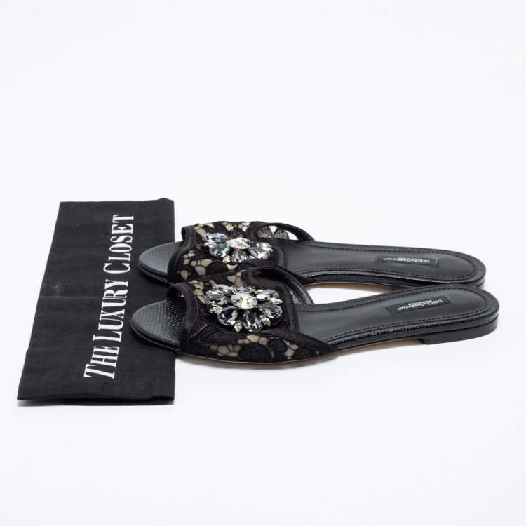 Pre Owned Dolce & Gabbana Black Lace Sofia Crystal Embellished Flats Size 39