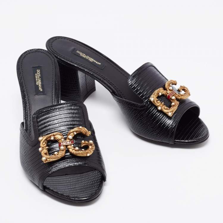 Pre Owned Dolce & Gabbana Black Lizard Embossed Leather Block Heel Mules Size 37.5