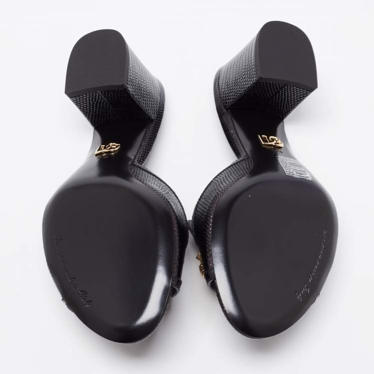 Pre Owned Dolce & Gabbana Black Lizard Embossed Leather Block Heel Mules Size 37.5