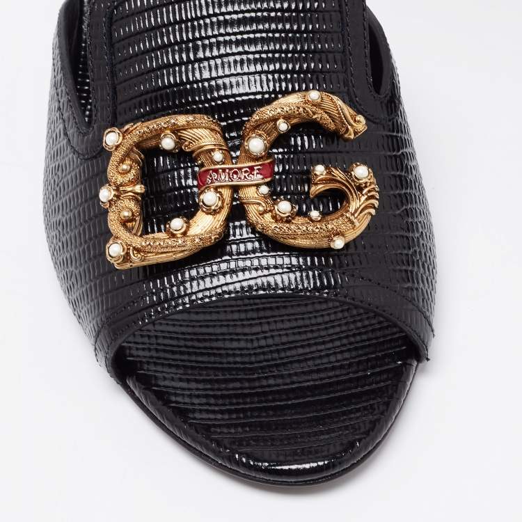 Pre Owned Dolce & Gabbana Black Lizard Embossed Leather Block Heel Mules Size 37.5