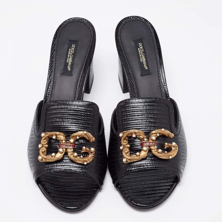 Pre Owned Dolce & Gabbana Black Lizard Embossed Leather Block Heel Mules Size 37.5