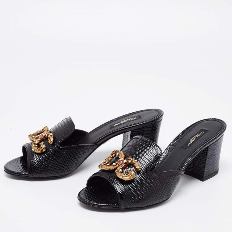 Pre Owned Dolce & Gabbana Black Lizard Embossed Leather Block Heel Mules Size 37.5