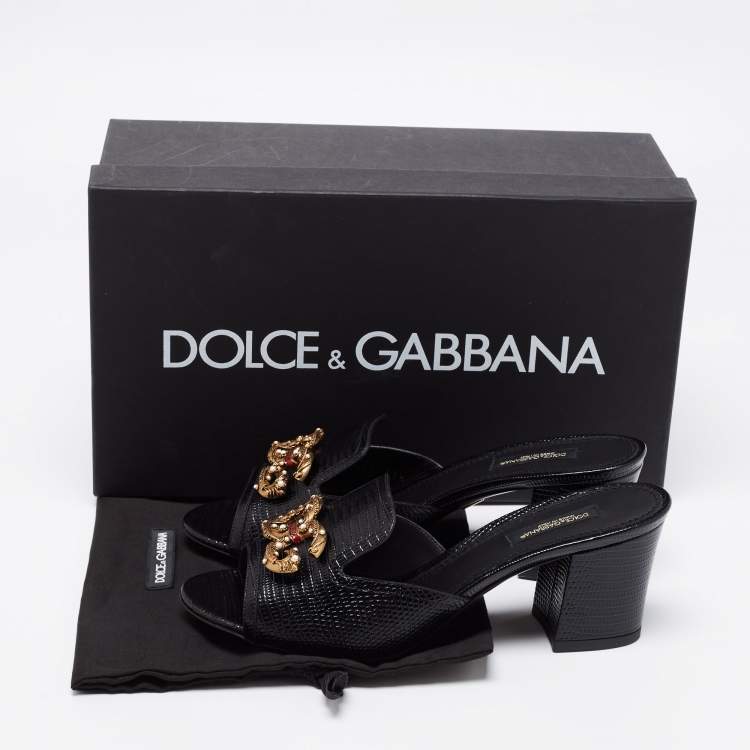 Pre Owned Dolce & Gabbana Black Lizard Embossed Leather Block Heel Mules Size 37.5