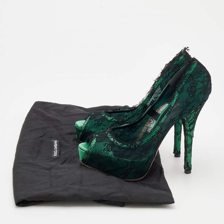 Pre Owned Dolce & Gabbana Green/Black Lace Peep Toe Pumps Size 40