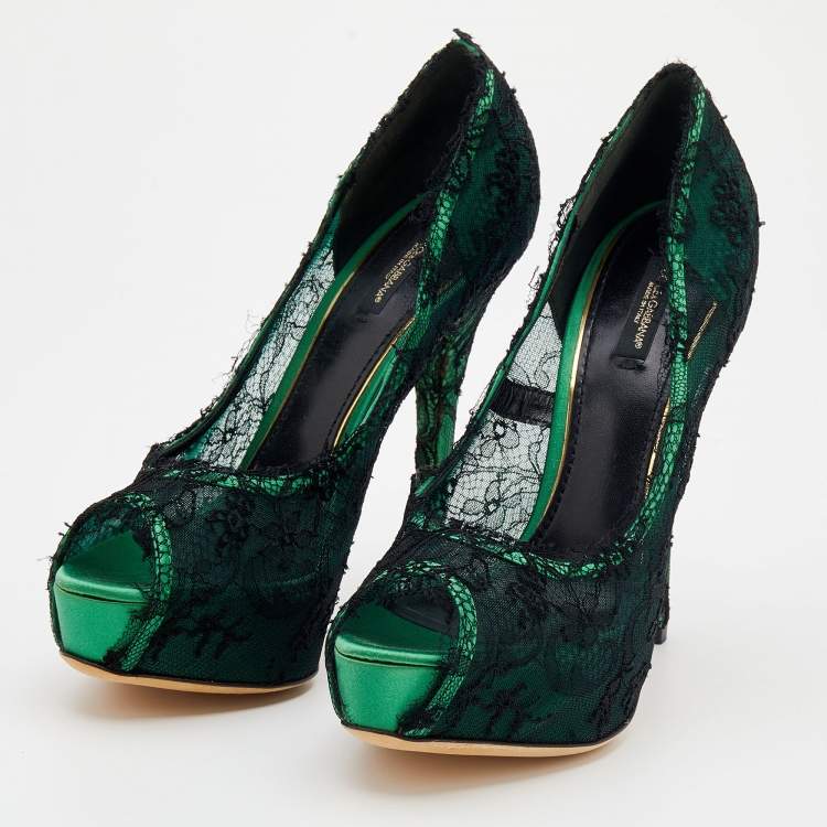 Pre Owned Dolce & Gabbana Green/Black Lace Peep Toe Pumps Size 40