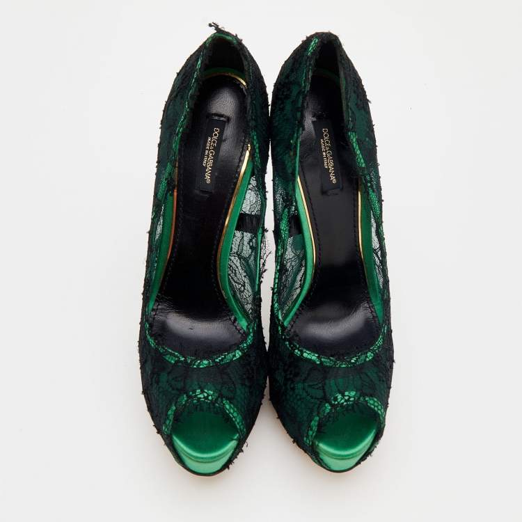 Pre Owned Dolce & Gabbana Green/Black Lace Peep Toe Pumps Size 40