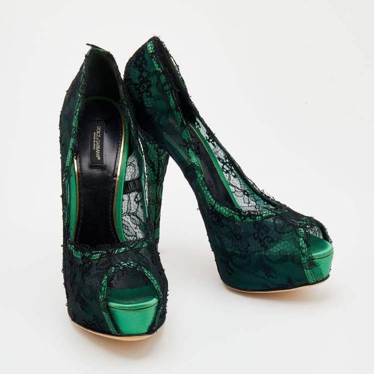 Pre Owned Dolce & Gabbana Green/Black Lace Peep Toe Pumps Size 40