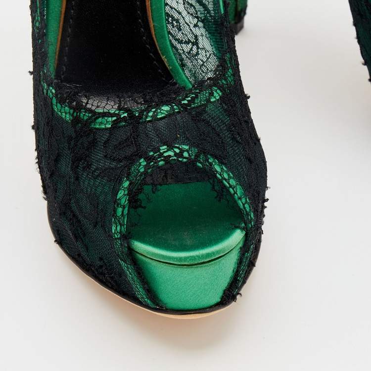 Pre Owned Dolce & Gabbana Green/Black Lace Peep Toe Pumps Size 40
