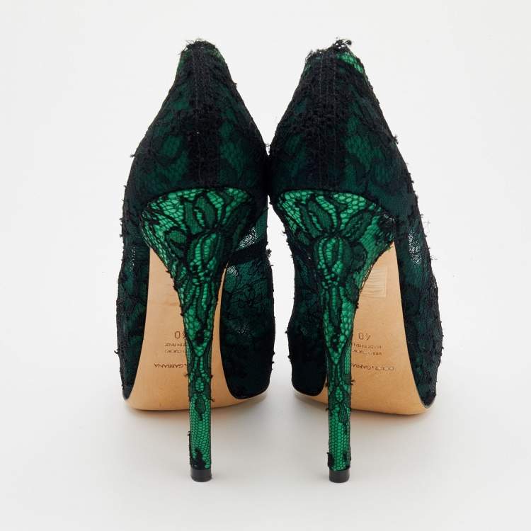 Pre Owned Dolce & Gabbana Green/Black Lace Peep Toe Pumps Size 40
