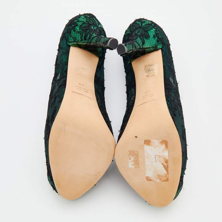 Pre Owned Dolce & Gabbana Green/Black Lace Peep Toe Pumps Size 40