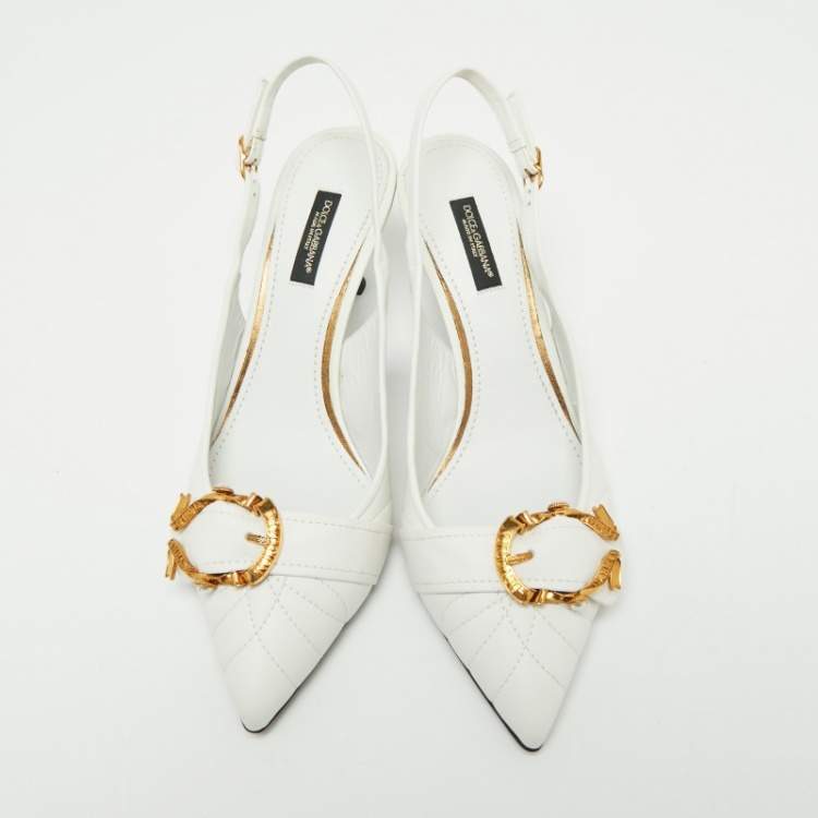 Pre Owned Dolce & Gabbana White Leather Buckle Slingback Pumps Size 38.5