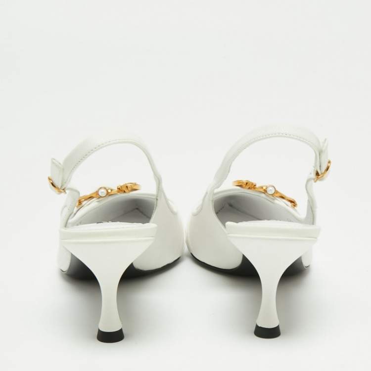 Pre Owned Dolce & Gabbana White Leather Buckle Slingback Pumps Size 38.5