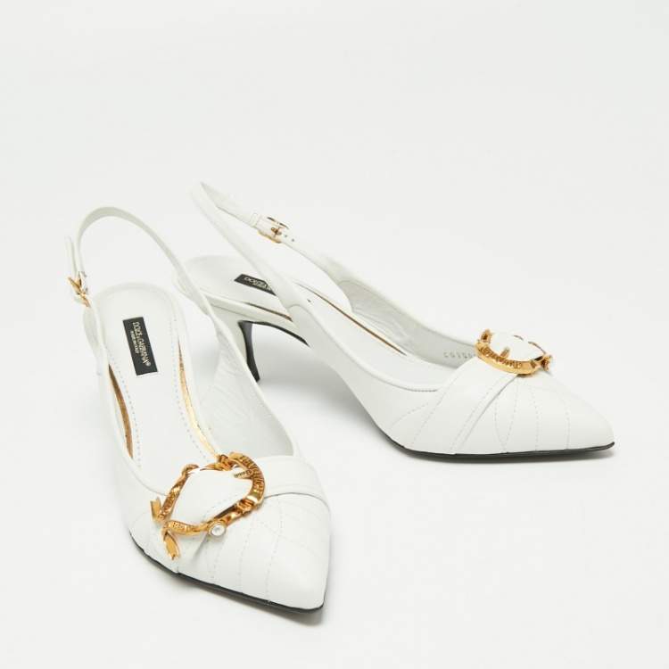 Pre Owned Dolce & Gabbana White Leather Buckle Slingback Pumps Size 38.5