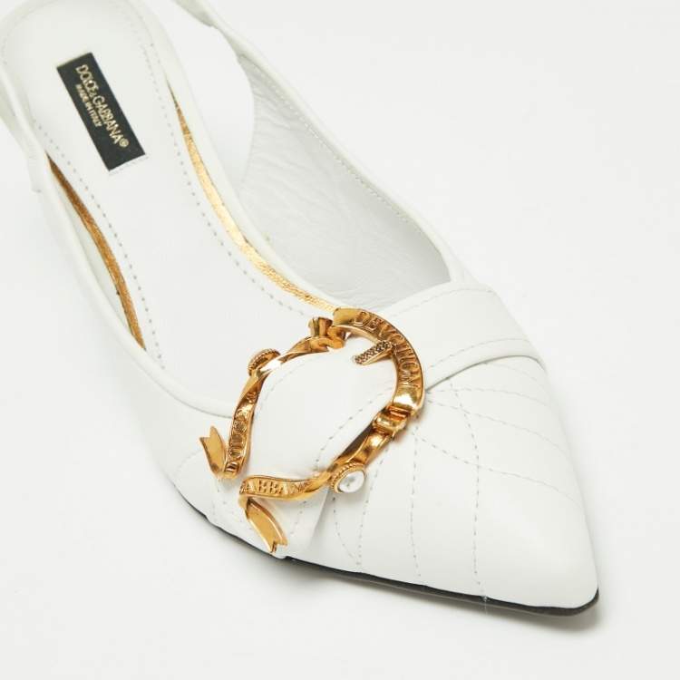 Pre Owned Dolce & Gabbana White Leather Buckle Slingback Pumps Size 38.5