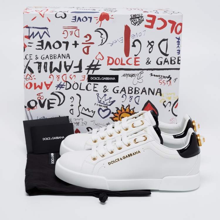 Pre Owned Dolce & Gabbana White Leather Portofino Embellished Low Top Sneakers Size 37