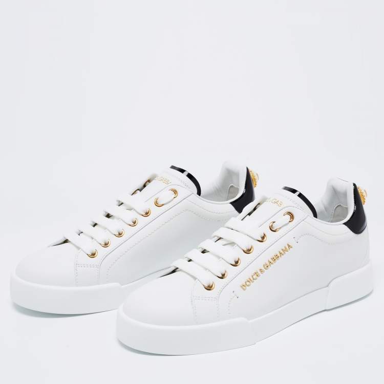 Pre Owned Dolce & Gabbana White Leather Portofino Embellished Low Top Sneakers Size 37