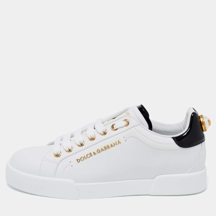 Pre Owned Dolce & Gabbana White Leather Portofino Embellished Low Top Sneakers Size 37