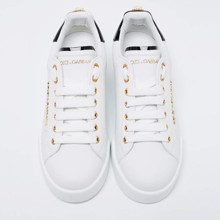 Pre Owned Dolce & Gabbana White Leather Portofino Embellished Low Top Sneakers Size 37