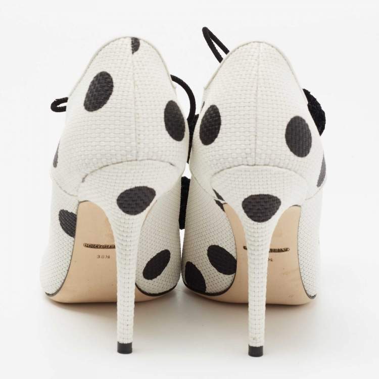 Pre Owned Dolce & Gabbana White/Black Leather Polka Dot Peep Toe Ankle Boots Size 38.5