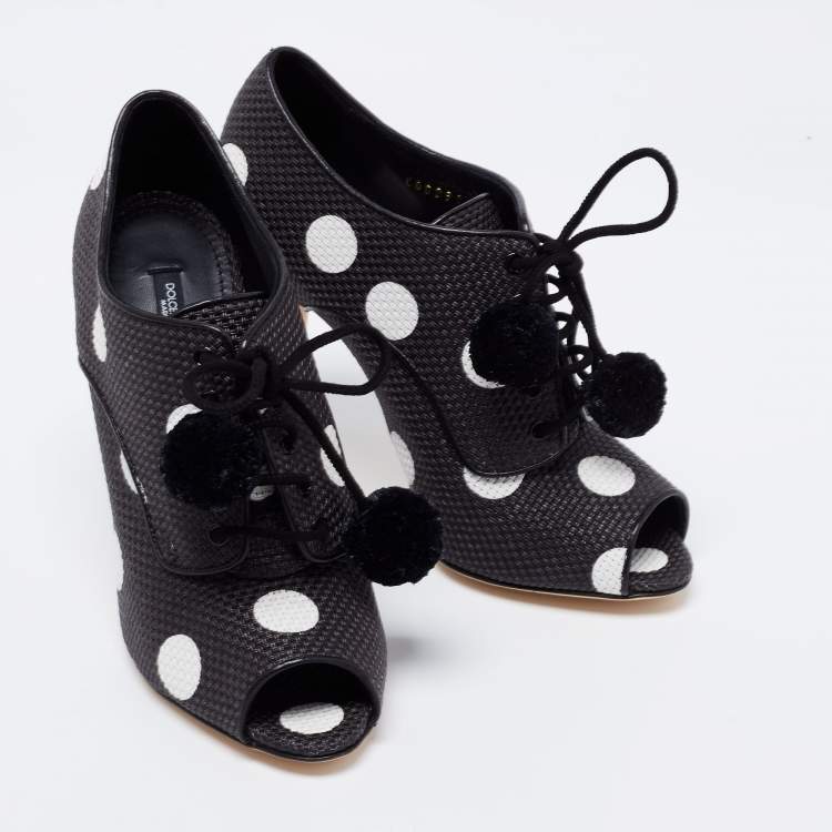 Pre Owned Dolce & Gabbana Black/White Leather Polka Dot Peep Toe Booties  Size 38