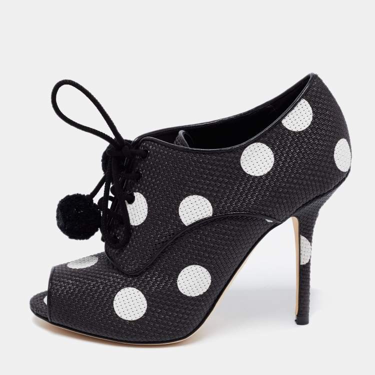 Pre Owned Dolce & Gabbana Black/White Leather Polka Dot Peep Toe Booties  Size 38