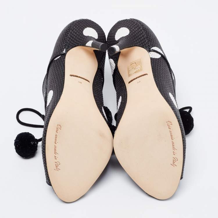 Pre Owned Dolce & Gabbana Black/White Leather Polka Dot Peep Toe Booties  Size 38