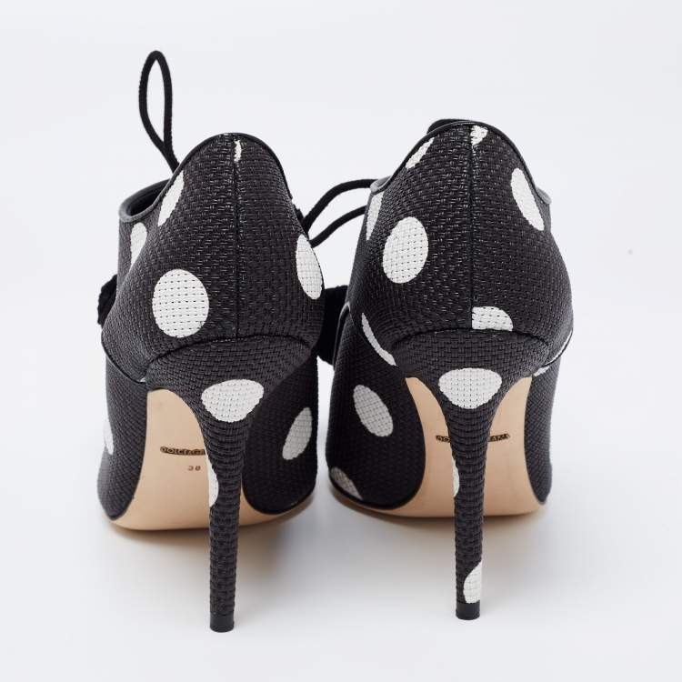 Pre Owned Dolce & Gabbana Black/White Leather Polka Dot Peep Toe Booties  Size 38