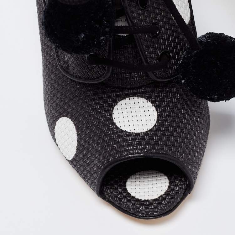 Pre Owned Dolce & Gabbana Black/White Leather Polka Dot Peep Toe Booties  Size 38