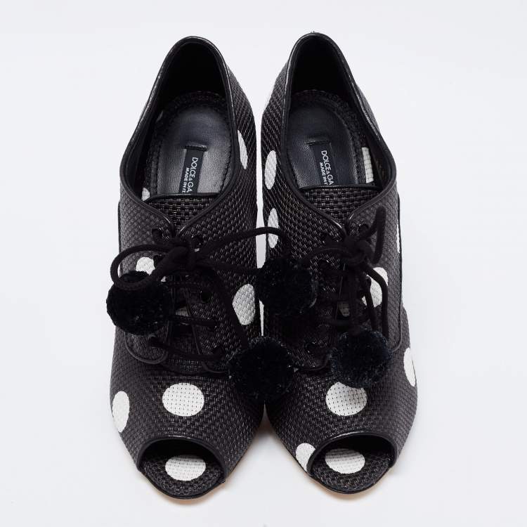 Pre Owned Dolce & Gabbana Black/White Leather Polka Dot Peep Toe Booties  Size 38